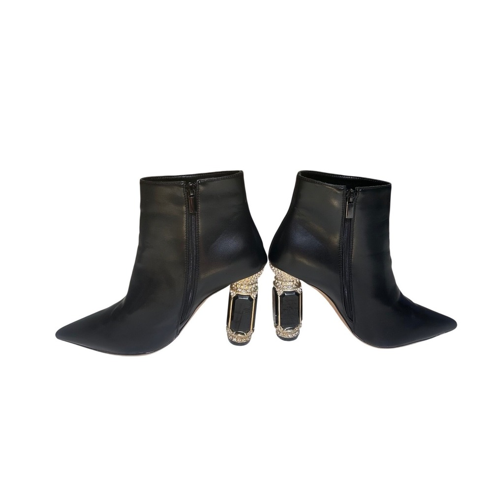 Black Pointed Toe Jewel Heel Ankle Boots Rhinestone Embellished Booties Size 8